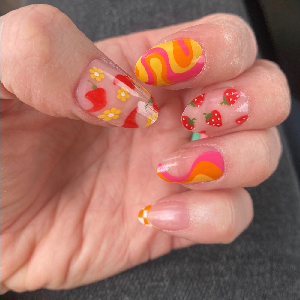 Press on nails summer medium almond nails strawberry pepper swirls checker